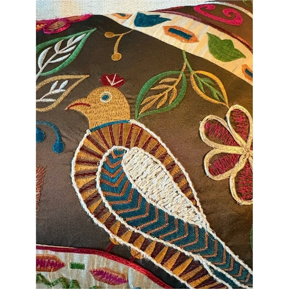 Pier 1 Embroidered Bird Lumbar Pillow Boho Folk Art Tassel 20 X 12